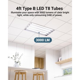 Sunco 10 Pack T8 LED Tubes 4FT Fluorescent Replacement, 48 Inch, 24W, 3000LM, 5000K Daylight, Single Ended Power, Type B, Clear Lens UL.