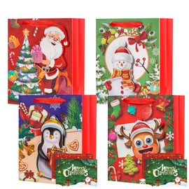 Gfractolux Christmas Gift Bags for Presents, 4 Pack Multipack Medium Gift Bag with Cards, Kids Adult Gift Present Bag, Shopping Bag for Holiday Xmas Event Party, 9 IN x 3.9 IN x7 IN
