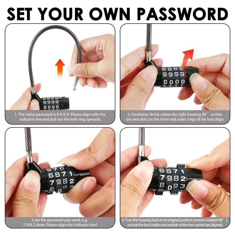 4-Digit Combination Padlock with Steel Cable - 3/16" Diameter, 7"