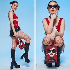 ENJOININ Women Novelty Lady Face Shoulder Bags Funky PU Leather Top Handle Satchel Handbags Clutch Purse for Women (Red Black)