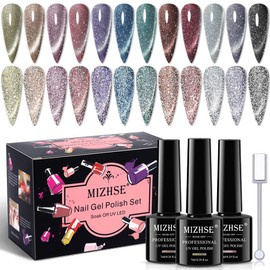 MIZHSE Reflective Glitter Cat Eye Gel Nail Polish 7ml, Sparkly Diamond Cateye Soak Off Gel Polish Magnetic Manicure Set for Nail Art Salon 12Pcs