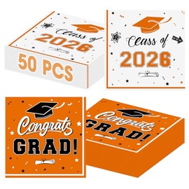 50 Pcs Graduation Napkins Decorations - Orange Class of 2026 Congrats GRAD 3-Ply Paper Cocktail Dinner Napkins Set for 2026 Graduation Party Supplies Table Decor Favors, 6.5 x 6.5 Inch