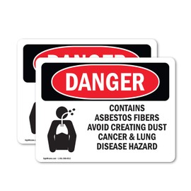 (2 Pack) Contains Asbestos Fibers OSHA Danger Sign 5 Inch X 3.5 Inch Vinyl Label Decal Sticker Weather Resistant, UV Protected for Workplace, Business, and Construction Site, Made in the USA