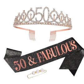 50th Birthday Crown Women Birthday Sash, Black Gold Sash & Rhinestone Tiara Set "50 & Fabulous"50th Birthday Decoration