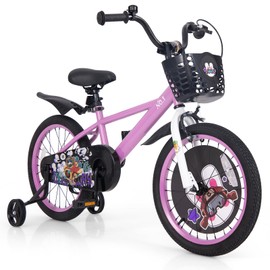 BABY JOY Kids Bike, 18 Inches Child Bike for 4-8 Years Old with Adjustable Height, Training Wheels, Storage Basket, Handbrake & Coaster Brake, Kids Bicycle for Girls Boys (Rabbit Pilot, Purple)