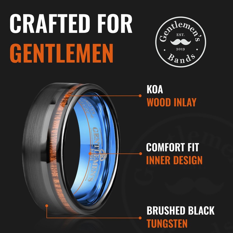 Gentlemen's Bands Tungsten Black Men's Wedding Band with Koa Wood