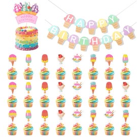 Nyvralora 2 Pack Summer Happy Birthday Banner with 25 Pcs Ice Cream Cupcake Toppers, Ice Cream Birthday Party Decoration for Sweet Summer Ice Cream Birthday Party Decoration Supplies