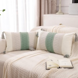 Tosleo Set of 2 Sage Green Throw Pillow Covers 12x20 with Tassels Boho Lumbar Decorative for Wedding Bedroom Couch Rustic Retro Cushion Case Bohemian Room Home Spring Decor Women Teen Girls Gift