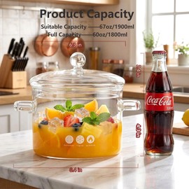 jjojcll 1900ml/67oz Glass Simmer Pot for Stove Top – Clear Glass Cooking Pot, Heat-Resistant Borosilicate Glass Saucepan for Noodles, Soup, Cereals, and Stovetop Cooking