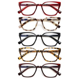 EYEURL Cat Eye Readers for Women - 5 Pack Blue Light Blocking Reading Glasses Ladies +0.00 Fashion Square Frames Magnification with Spring Hinge