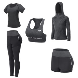 JULY'S SONG Yoga Clothing Suit, Set of 5, Tracksuit, Running Clothing, Gym, Fitness Clothing, darkgray