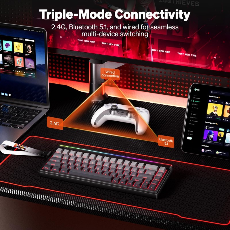 MEETION Vibekey68 Wireless Gaming Keyboard, 68-Key Tri-Mode RGB, Black