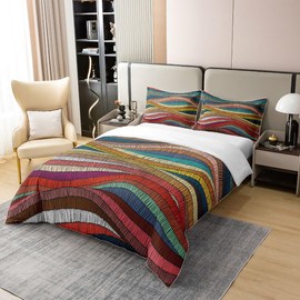 100% Organic Cotton Boho Duvet Cover Queen Bohemian Wavy Bedding Set Rainbow Embroidered Waves Comforter Cover Geometric Tribal Ethnic Bedroom Decor Colorful Abstract Quilt Cover for Adult