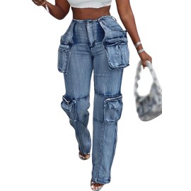 LKOUS Casual Cargo Jeans for Women, Zip Side Slit Denim Pants with Multi Pockets