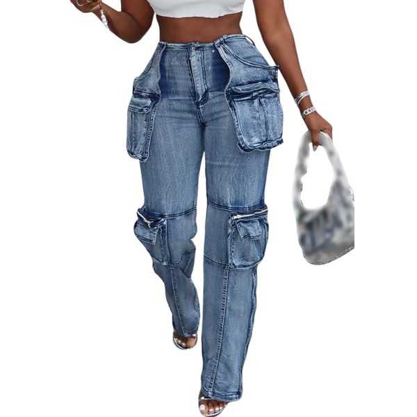 LKOUS Casual Cargo Jeans for Women, Zip Side Slit Denim