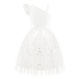 Arshiner Girls Wedding Guest Dress Summer Tulle First Communion Bridesmaid One Shoulder Sequin Midi Sundress Clothes White