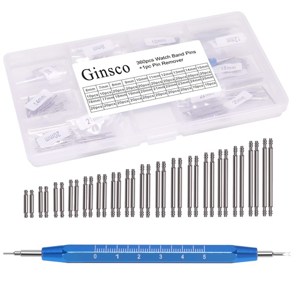 Ginsco 360 Pcs 6-25mm Diameter 1.5mm Stainless Steel Watch Band Spring Bars Link Pins with Strap Link Pin Remover Watch Repair Kit