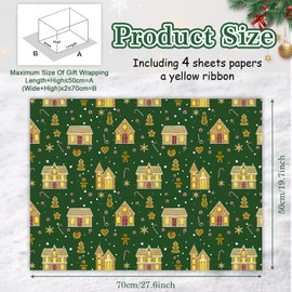 Make Your Gifts Sweet With Vintage Gingerbread Man House Candy Cane Cookies and Treats Green Wrapping Paper 4 Sheets with 22m Lemon Yellow Ribbon, Folded Flat 20x28 inches per sheet, Gift Wrap For Kids Girls Boys Xmas Decorative Paper