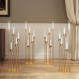 foriy Floor Candelabra 4pcs Floor Candle Holders for Wedding 5 Arms Gold Candle Sticks Holder Decor 42.5'' Tall Metal Candlestick Set with Acrylic Lampshades for Home Christmas Party(4, 42.5in Round)