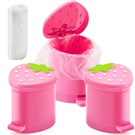 3 Pcs Strawberry Trash Can with 100 Pieces of Trash Bags 4 x 3.5 inch Cute Mini Pop up Trash Can Pink Desktop Garbage Can Strawberry Countertop Wastebasket for Desk Bathroom Bedroom Kitchen Office