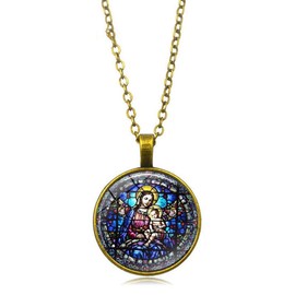 Virgin Mary Madonna and Child Jesus Catholic Jewellery Glass Dome Art Necklace Glass, Zinc