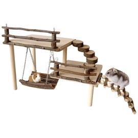 Hamster Climbing Toys DIY Natural Wooden Playing Platform with Swing Apple Wood Hamster Playground with 2 Platform, 5 Steps Ladder and 6 Steps Bridge Small Animal Chewing Toys for Gift