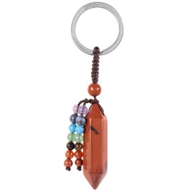 Nupuyai Hexagonal Red Jasper Crystal Stone Keychain Hand Charm Keychain with Chakra Stone Beads Tassel Keyrings, Crystal Point Lucky Bag Charm Keyrings for Women