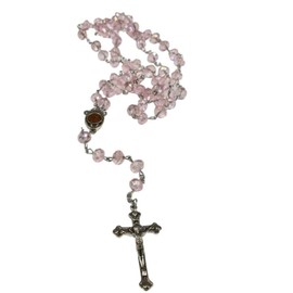 Pink Glass Crystal Beads Rosary Necklace Holy Soil Medal Silver Plated by Bethlehem Gifts TM, Metal Glass