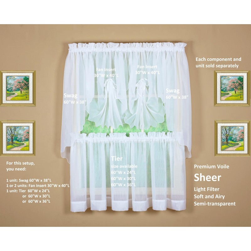 Today's Curtain Emelia Original Voile Tier Pair 30", White, 60"