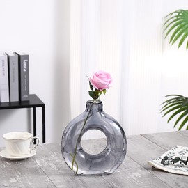 PORPAN Glass Vase, Donut Vase, Grey Glass Vase, Flower Vase, Decorative Vase, Modern Vase, Round Glass Vase for Home, Living Room, Dining Table, Entryway, Mantle, Shelf, Wedding, Office, Coffee Table
