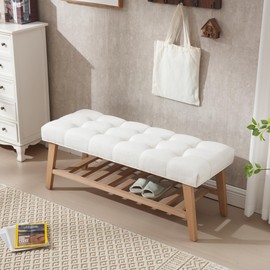 Janoray Entryway Shoe Bench Storage Benches with Upholstered Button Tufted Seat and Open Slatted Shelf Linen Shoe Rack for Hallway Living Room Bedroom End of Bed, Beige