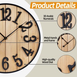 Henescribe Large Wall Clock 24IN, Silent Metal Wood Style Wall Clocks Battery Operated for Living Room Decor, Farmhouse Big Wall Clock, Outdoor