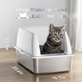 Petterm Stainless Steel Cat Litter Box with Scoop & Mat, Large Semi or Fully Enclosed Design, High-Side Enclosure, Non-Sticky, Anti-Leak, High-Walled - Color: White