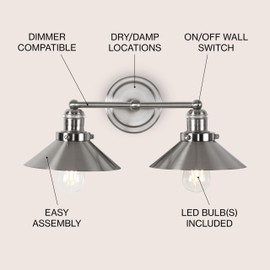 JONATHAN Y JYL7427B July 17.5" 2-Light Metal Shade Farmhouse Sconce Contemporary Transitional 2200K Edison 25W Bulbs Included for Bedroom Living Room Bathroom, Vanity Lighting, Nickel