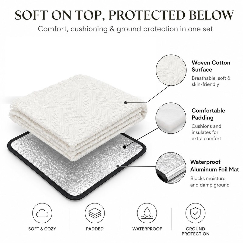 Etnorsu 91 x 71inch White Outdoor Picnic Blanket with Waterproof