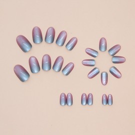 Pink Blue Ombre Press on Nails Medium Almond Fake Nails Chrome Gel Magnet Cat Eyes Glossy Glue on Nail Purple Glitter Shiny Stick on Nail Short Oval False Nail for Women Manicure 24Pcs