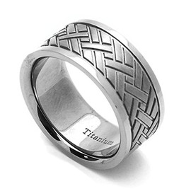 DoubleAccent 9MM Comfort Fit Titanium Wedding Band Herringbone Patterned Flat Ring (Size 8 to 10.5) Size 10.5