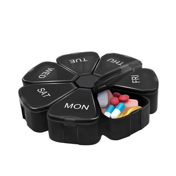AHUIFT Medicine Box, 7 Days, Weekly Portable Pill Box, 7 Days with Large Separate Compartments, Handy and Moisture-proof Pill Box, Perfect for On the Go (Black)