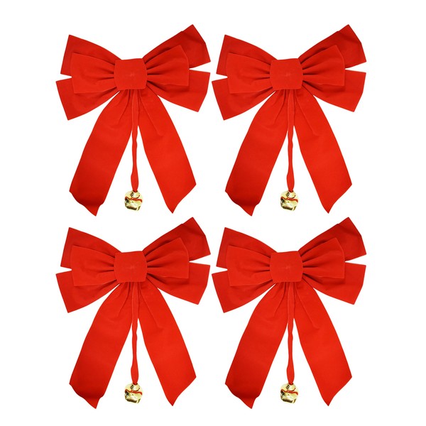 Set of 4 Large Red Velvet Christmas Bows with Dangling Metal Bell - Measures - 10" x 15" Indoor Use only