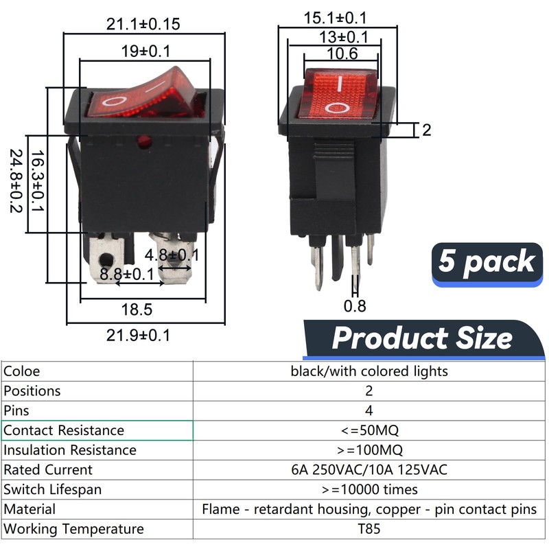 ISDVBUY 5 Pack Mini Rocker Switch, On-Off Power Switch Red