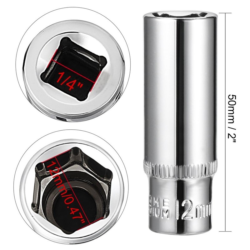 TA-VIGOR 2Pcs 1/4 Inch Drive 12mm 6-Point Deep Socket, Metric,