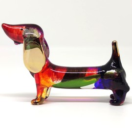 Sansukjai Dachshund Miniature Figurines Dog Animals Hand Painted Blown Glass Art Gold Trim Collectible Gift Decorate, Multi-Color