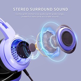 Cat Ears Headphone for Girls, Cute Gaming Headset with Removable Cat Ears, Over-Ear Earphones with Microphone, Inline Control, 3.5mm Plug for one, for Switch, PC, Laptop, Tablet, Phone (Purple)