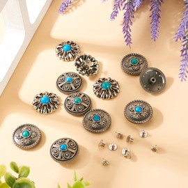 Spritewelry 12 Sets Turquoise Decorative Rivets Studs Antique Silver Round Vintage Flower Screwback Button Rivets for Clothes Bag Shoes Leather Craft