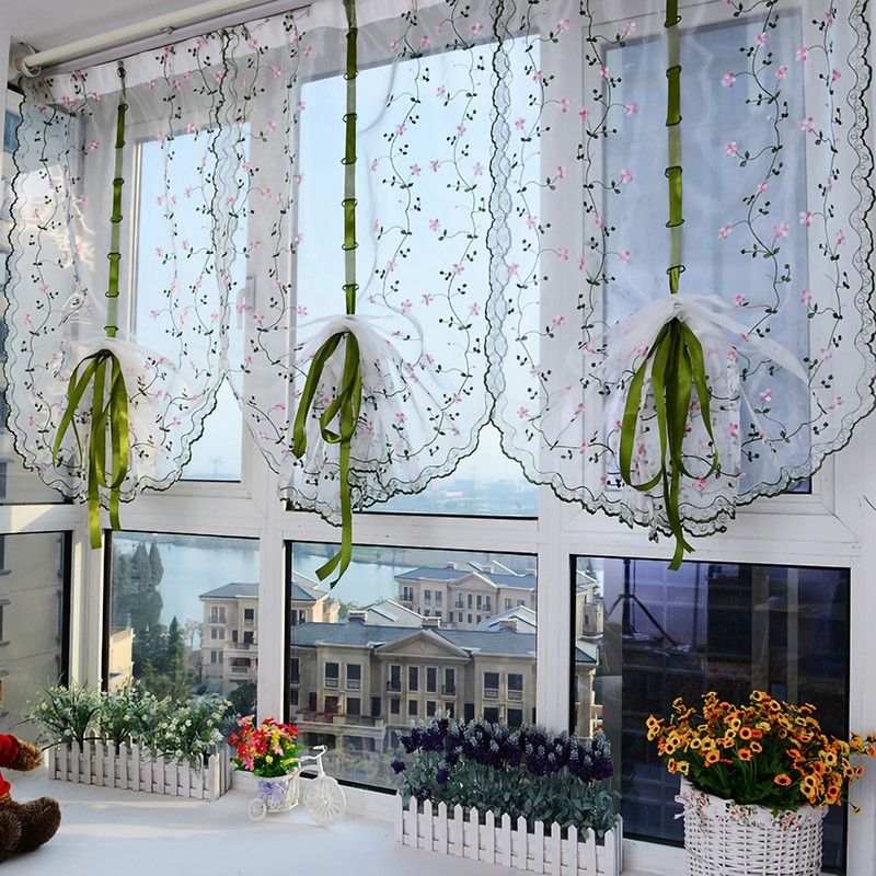 Embroidered Roman Sheer Curtain Classical Floral Window Screen Elegant Embroidered