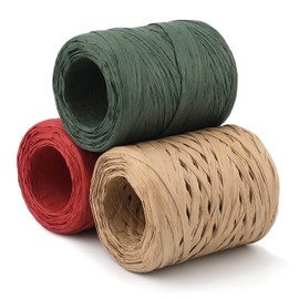 3 Rolls of Raffia Ribbon, 100 m Raffia Paper Ribbon, Christmas Raffia Ribbon for Gift Wrapping, DIY, Festival Decoration (Green, Red, Kraft Colour)