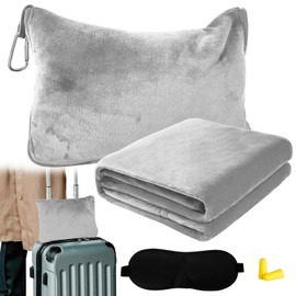 Bocguy Travel Blanket Aeroplane Travel Blanket Ultralight Warm Pillow Blanket 2 in 1, Travel Blanket with Sleeping Mask and Earplugs, Portable Travel Blanket for Camping, Business Trips (Light Grey)