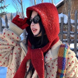 Women's Warm Faux Mink Balaclava Hat for Autumn/Winter - Red Knit LF3648 Large Size Bow Tie Hood - Gray 3ea