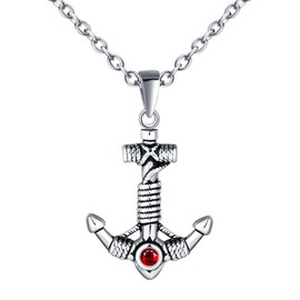 INFINIONLY Creative Men's Stainless Steel Anchor Chains Vintage Necklace Pendant Anchor with Red Zirconia with 55 cm Chain Fashion Teenagers Decoration, Stainless Steel