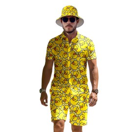 VUGOTU Men's 2 Piece Tracksuit 80s 90s Outfit Button Down 80s Shirts and Shorts Sets with Bucket Hats, Cute Yellow Duck, X-Large